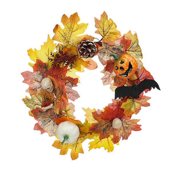 Bat Pine ConeFall Wreath 14" vaahteranlehtinen kallo kiitospäivän seppele etuovi Halloweenlepakon männynkäpy