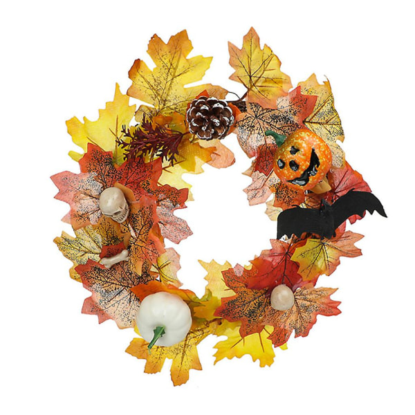 Flaggermus Pine Cone Fall Wreath 14" Maple Leaf hodeskalle Thanksgiving Wreath inngangsdør Halloween Bat Pine Cone