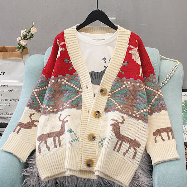 Dam Cardigan med Långärmad Julrenar Stickad Jacka Ytterkläder Grön