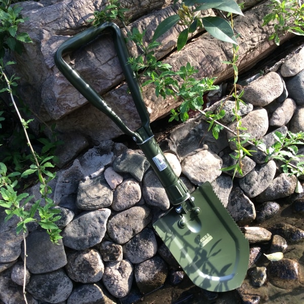 GreenMilitary Folding Shovel Camping Shovel, Høykarbonstål Gravingverktøy med Sagkant i Tre og Taktisk Bæreveske