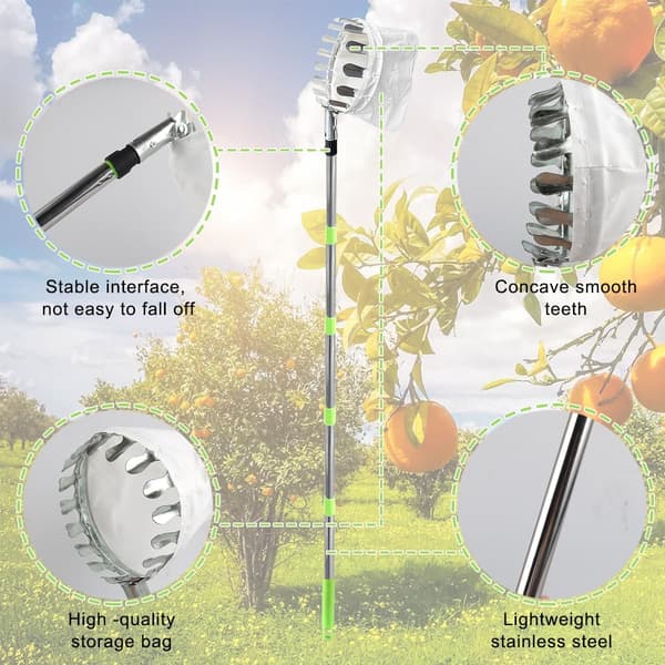 Fruit picker with bag, detachable fruit picker, with telescopic handle, 2m stainless steel fruit picker, collection bag