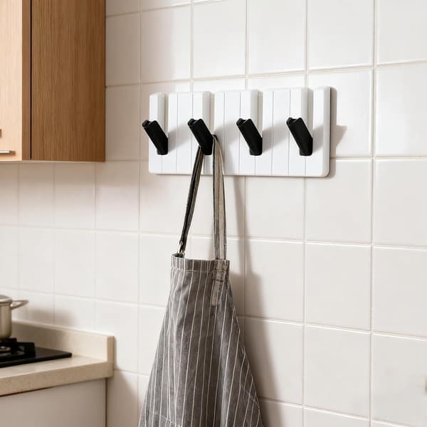Self-adhesive hook strip with piano key design, 4 hooks, waterproof wall hooks without drilling for bathroom and kitchen decor (black) [Ho]