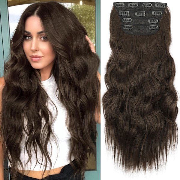 Clip-in Syntetiske Hår Extensions Lange Bølgete 4 stk. Tykke Hårdeler Mørk Sjokoladebrun Fiber Dobbel Weft Naturlige Hår Extensions 20 tommer for Kvinner