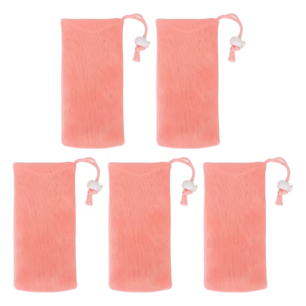 Mesh Soap Bag Exfoliating Soft Drawstring Design Soap Net for Body and Face Cleansing Pink 5-pack
