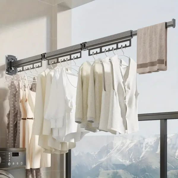 Vægmonteret teleskopisk tøjstativ i rustfrit stål – foldbart tørrestativ til balkon og soveværelse
