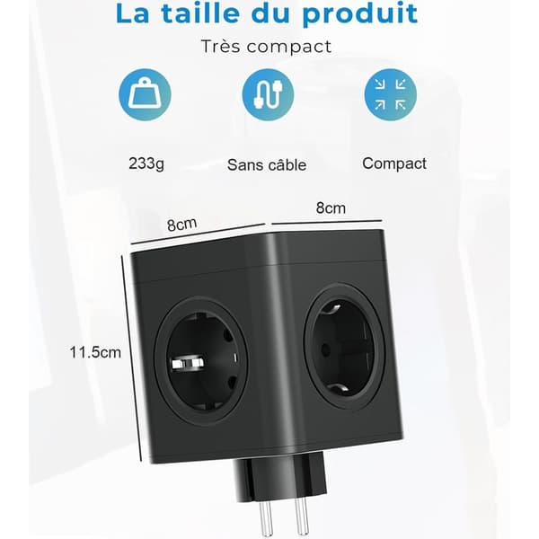 Wall-mounted power strip with 4 outlets and 3 USB ports – 4000W – Convenient switch – Compact design for small spaces