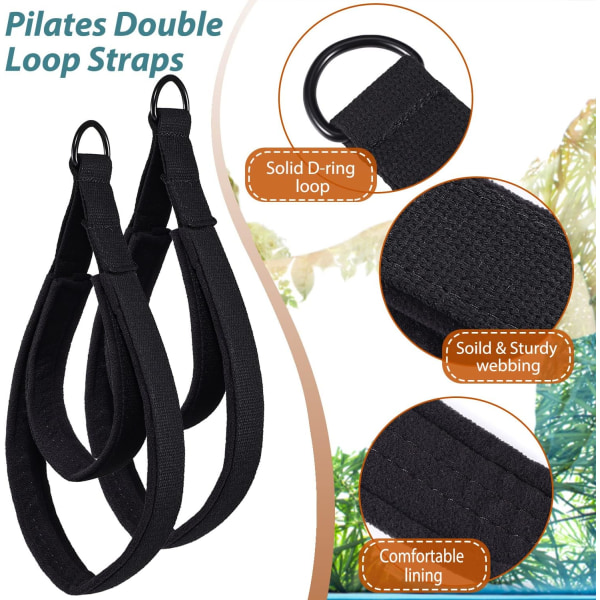 2 stk Pilates-stropper, Pilates dobbelt sløyfe stropper for reformer, Fitness D-ring stropper dobbelt sløyfer polstret, Pilates utstyr
