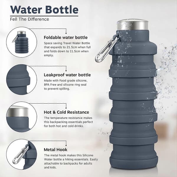 Foldable Water Bottle Silicone Collapsible Gym Bottle Leak-Proof Hiking Accessory, Grey