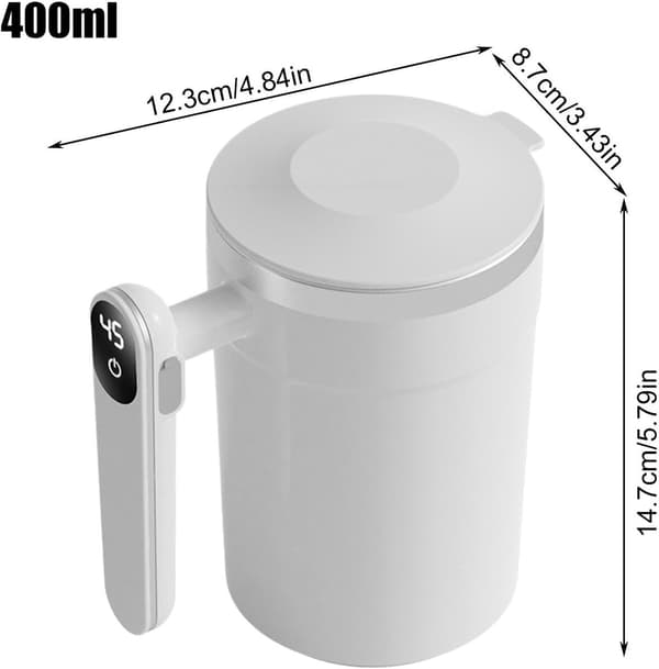 Automatic Stirring Coffee Mug, Magnetic Mixing, Digital Temperature Display, USB Rechargeable, for Office and Travel, 400ml White