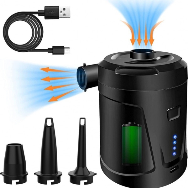 Elektrisk pumpe 2 i 1 bærbar trådløs oppblåser og deflator USB oppladbar, mini luftpumpe med 5 dyser for madrass, camping