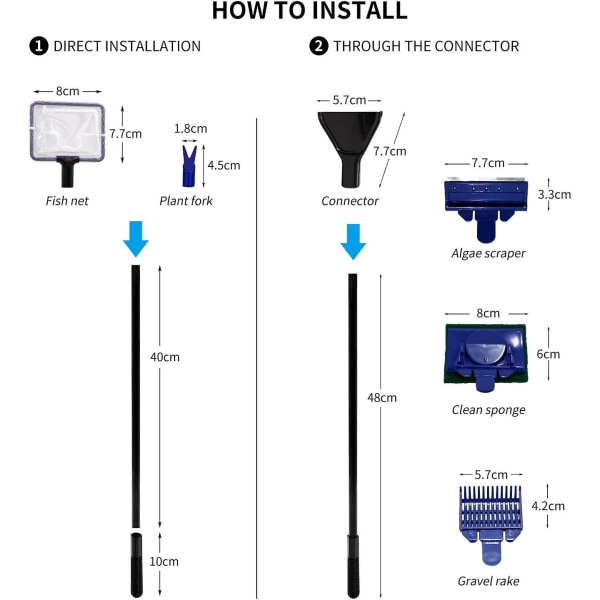 5 i 1 rengjøringssett for akvarier, renseverktøy for akvarier av glass - landingsnett, grusrive, algeskrape (rustfritt stål), plantegaffel, ren svamp