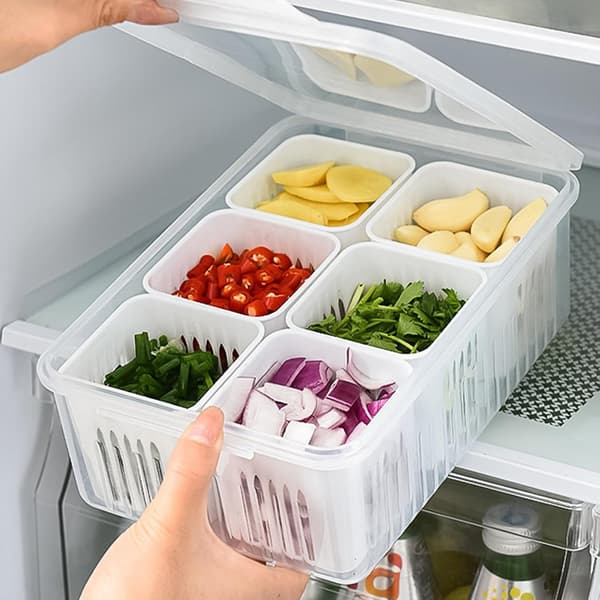 Food Storage Containers, Refrigerator Storage Containers, Includes 6 Removable Small Compartments, Portable Fruit Storage Container with Dividers.