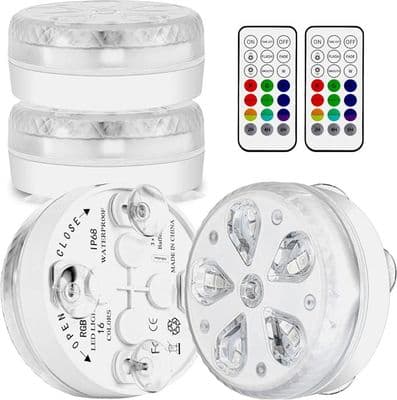 Garden Pool Submersible LED Pool Lighting, Waterproof with RF Remote Control, Timer, 16 LEDs, Suction Cup and Magnet