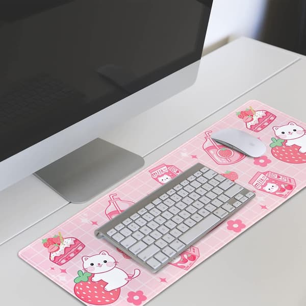 Kawaii Gaming Musematte for Skrivebord, Forlenget Stor Katt Jordbærmelk Musematte, Rosa Musematte XL, Søt Musematte Anime