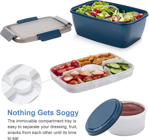 Large Double-Layer Lunch Box with Multiple Compartments for School or Work Includes Condiment Container Odor-Resistant and High Capacity Blue 2000ml