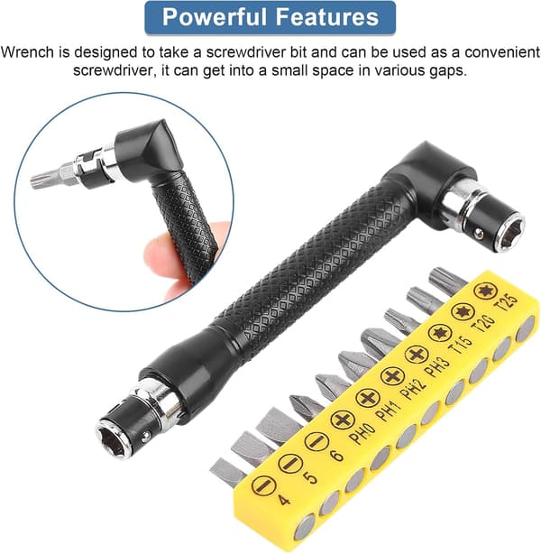 Angled screwdriver, bent screwdriver, L-shaped wrench, with 10 bits max