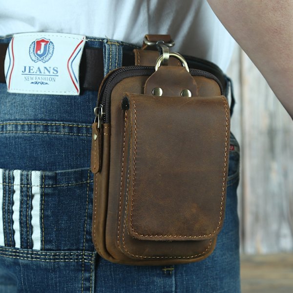 Brun Läder Mobiltelefon Midjepåse, Män Mobiltelefon Bältesklämma Holster Small, Läder Smartphone Fanny Midjeväska för Me