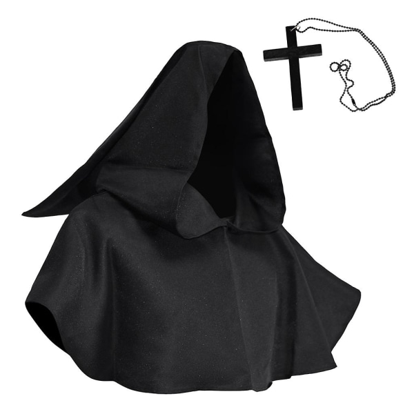 Witch Hood Hat Cross Halskæde Sæt Halloween Religiøs Kappe Cosplay Kostume Tilbehør Sort