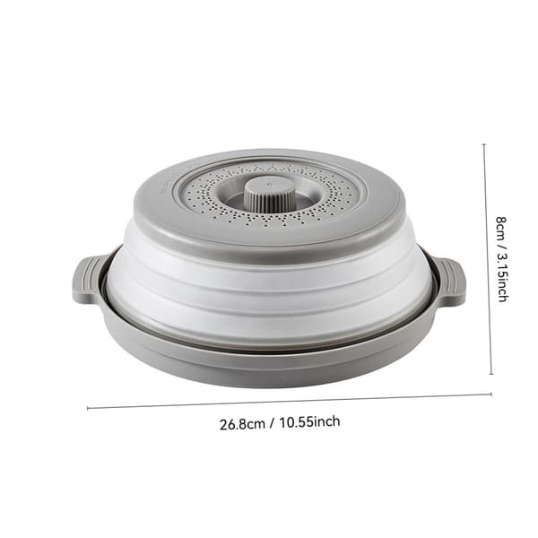Mikrobølgeovnsdeksel med ventilert design, sammenleggbart med håndtak og base for matoppbevaring.