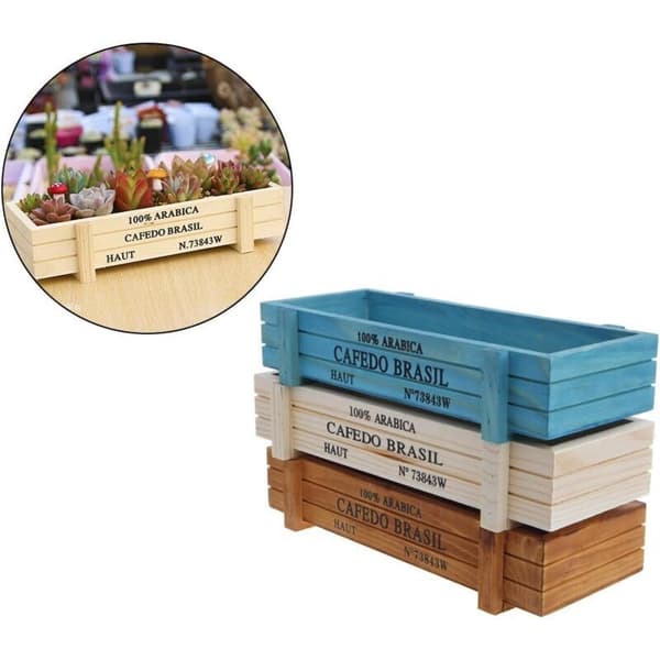 Self-watering planter box in natural wood, rectangular 3-piece set. For balcony, garden or kitchen. Environmentally friendly and durable.