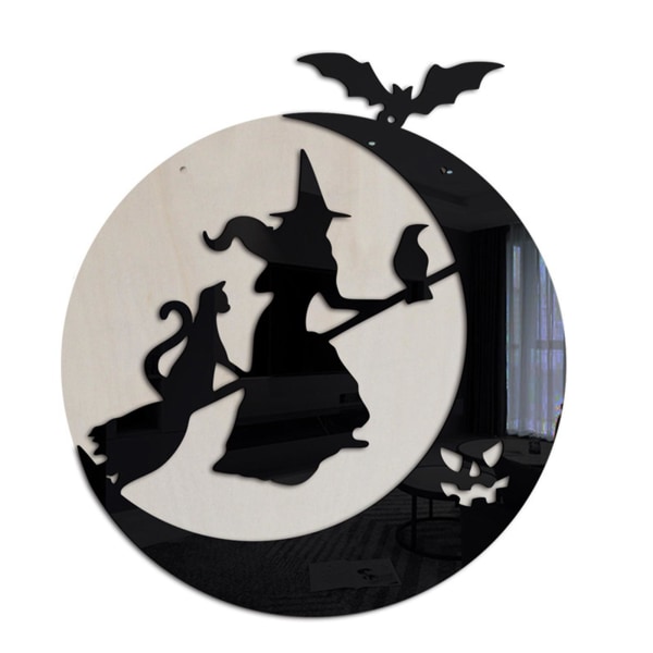 Halloween-pynt i tre - Hexe, flaggermus, kost - Hengende ornament - Håndverk i tre