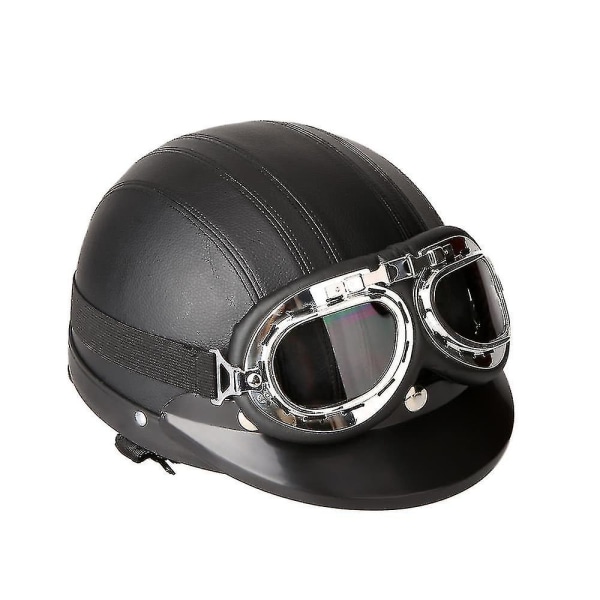 Motorcykel skoter Öppet ansikte halvläderhjälm med visir Uv-glasögon retro vintage