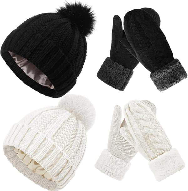4 delar vintermössa vantar set satin fodrad | Vit Svart White, Black