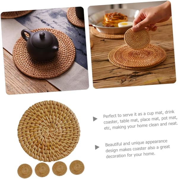 5 st Rattan Woven Coasters Set Handmade Retro Braided Table Mats