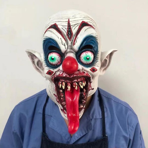 Halloween skræmmende klovne maske med blodig lang tunge rød næse djævel kostume