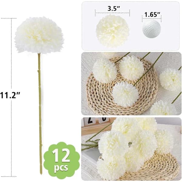 12-pack Silk Chrysanthemum Flowers - White Artificial Chrysanthemums for Spring Decoration