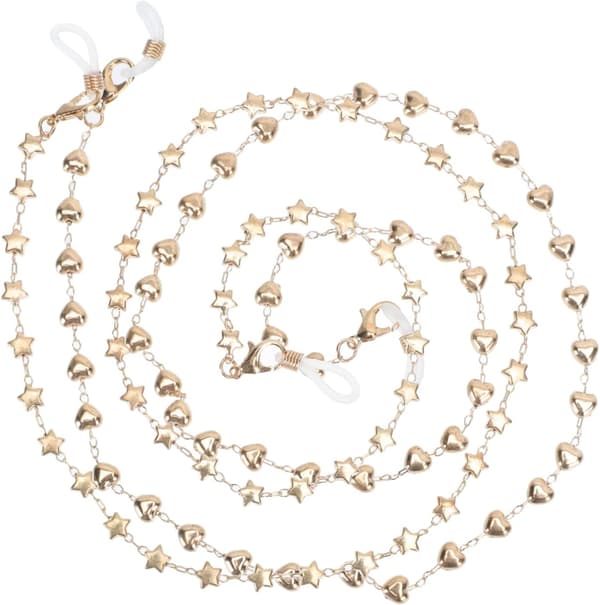 2 Pieces Alloy Eyeglass Chains with Heart and Star Shape in Gold with Anti-fall Function
