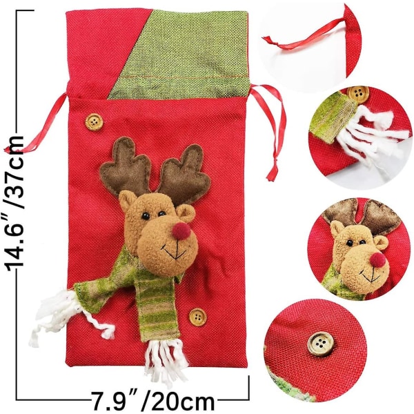 3-pack Jultomtar Säckar Dragkedja Julklappspåsar 3D Design Tyg Godispåsar För Julfest Tillbehör 15 X 8 Tum