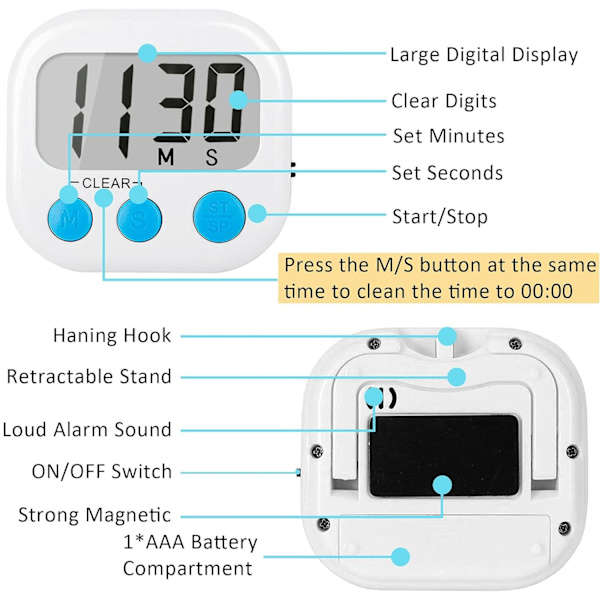 6 Pak Digitale Køkken Timere til Madlavning Magnetisk Timer til Madlavning Høj Alarm Hvid Spisebord Timer