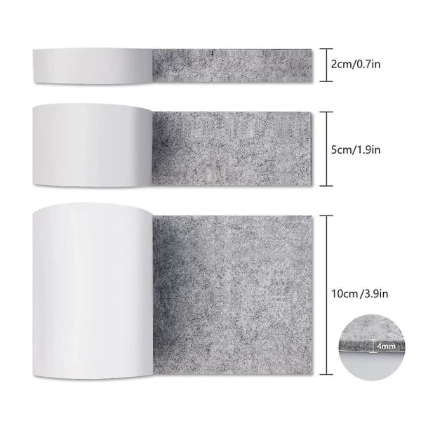 3 rullar självhäftande filt för möbler (100 cm * 10 cm + 100 cm * 5 cm + 100 cm * 2 cm) Klipp valfri form, starkt självhäftande glidmatta tejp, för stolgrå Grey