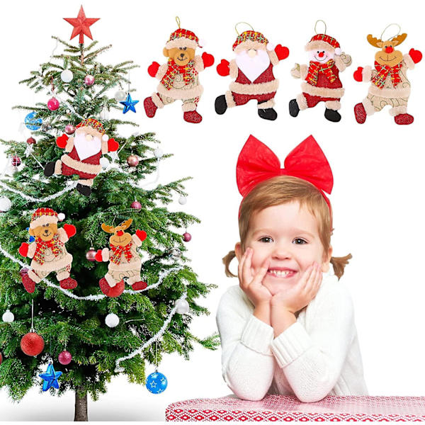 Juldekorationer, 4 st julbyfiguriner med tomte, björn, snögubbe och ren i plysch, julhängande prydnader för julgran