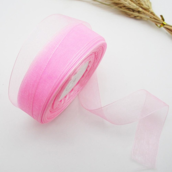 Band för bröllopspyssel, 2,5 cm gasväv med chiffongtråd, rosa, DIY-pyssel