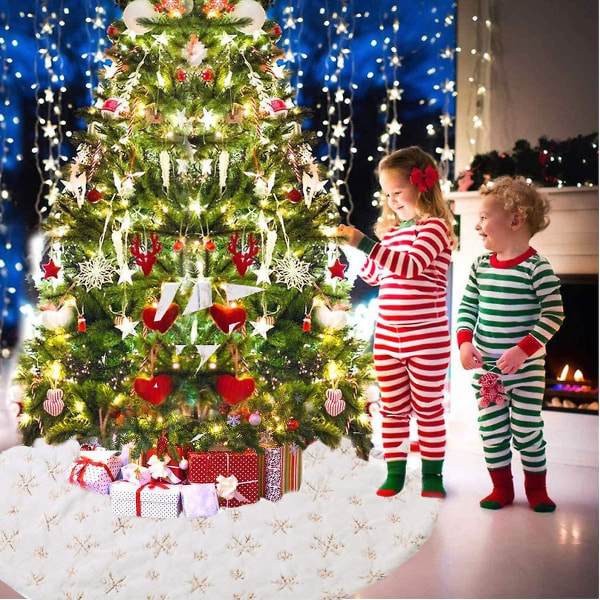 Juletreskjørt Juletrefottrekk Hvit juletreteppe Plysj teppedekorasjon fottrekk på slutten av dekorativ snøfnugg jul