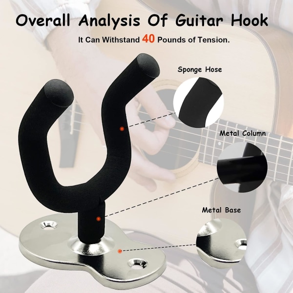 3-pack Metallväggfäste för Gitarr med Skyddande Svamp - Gitarrställ för Basgitarr, Banjo, Ukulele - Silver