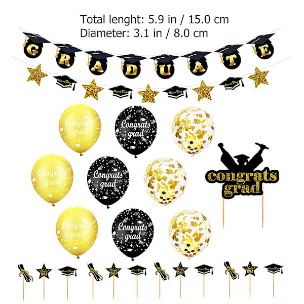 1 Sæt Graduation Party Balloner Banner Kage Toppers Sequin Balloner Kit (Sort Guld)Sort15X8cm