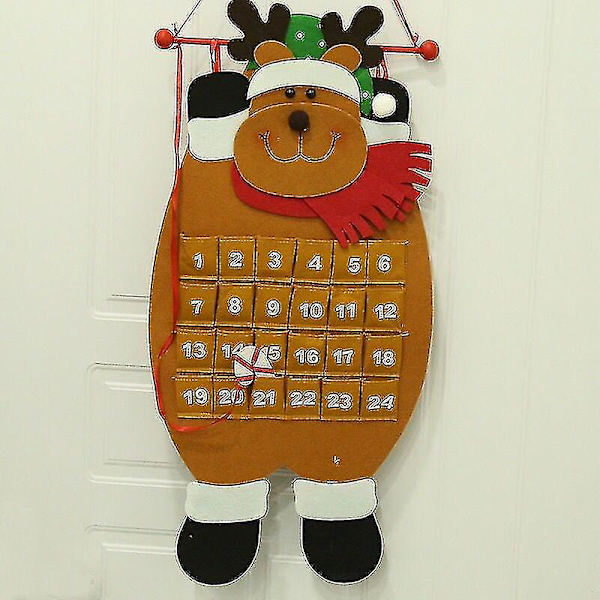 Filtede Julekalender, Julemand/Snemand/Elg Kalenderhæng med Lommer, DIY Julekalender Fyld Selv Juledekoration Brun)(1 stk