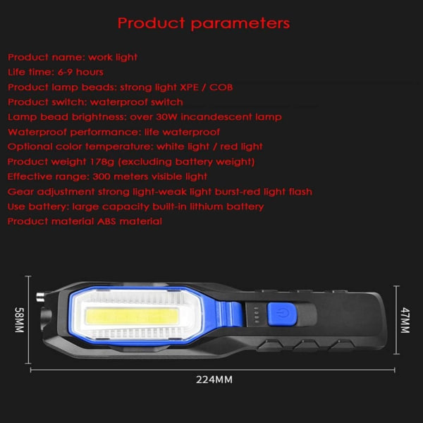 Arbeidslys for bilvedlikehold, supersterk LED-lommelykt, magnetlading nødbelysning mot fall, med strømskjerm