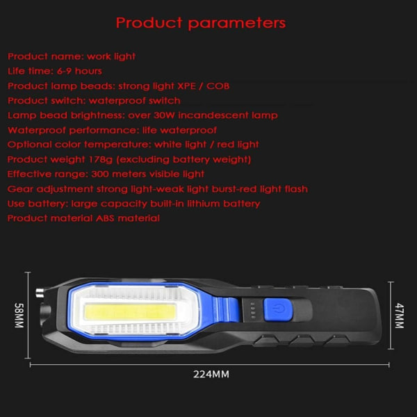 Bilvedlikeholdsarbeidslys, Supersterk LED-lommelykt, Magnetlading Nødsituasjon Anti-Fall Belysning, med Strømvisning
