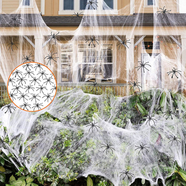 BWhite Stretch Spider Web 100 simuloidulla muovihämähäkillä seinäkoristeluunB