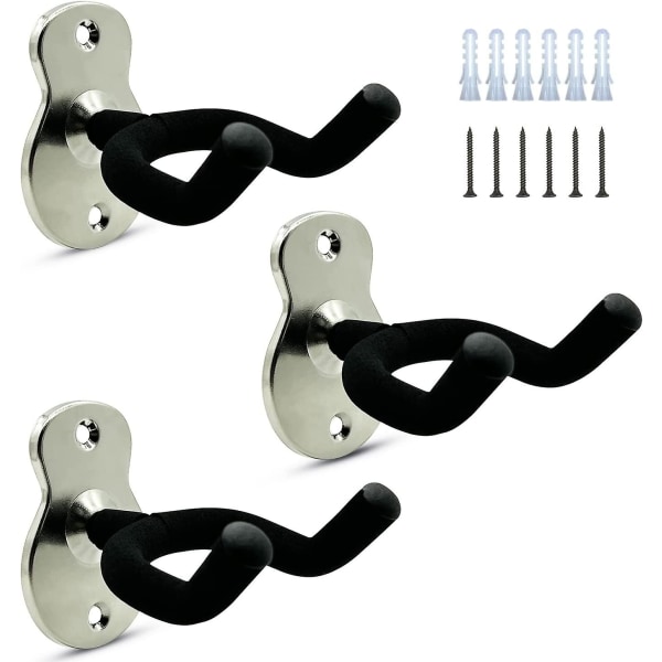 3-pack Metallväggfäste för Gitarr med Skyddande Svamp - Gitarrställ för Basgitarr, Banjo, Ukulele - Silver