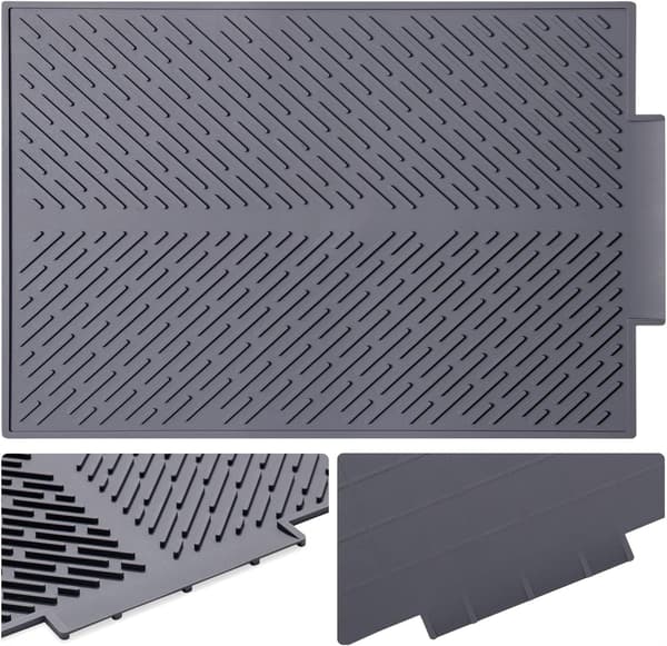 Grey 17 * 13 inch, Silicone Dish Drying Mat with Drainage