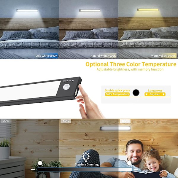 Rörelseaktiverad LED-klädskåpslampa - Dimbar Uppladdningsbar Under-Skåpslampa - Magnetisk Trådlös Belysning för Kontor, Skåp, Garage