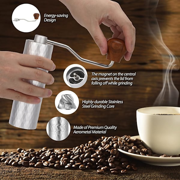 Bærbar håndkvern for kaffe med rustfritt stål kvern, håndholdt kvern for kaffe med justerbar grovhetsinnstilling
