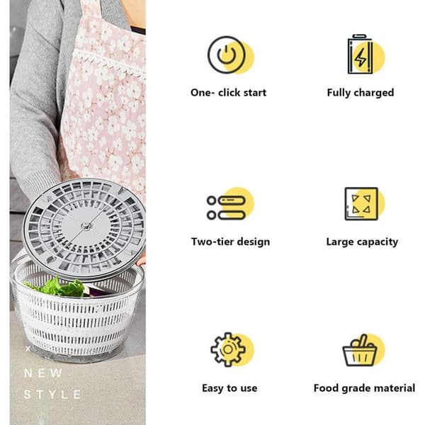 4000 ml Automatic Cordless USB Salad Spinner, Automatic Fruit and Vegetable Dehydrator, Serving Bowl, Quick Drying, Kitchen Utensil