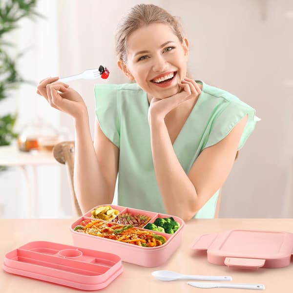 2000 ml Large Bento Lunch Box, Stackable Japanese Lunch Box with 8 Compartments, with Cutlery Set, (Pink)