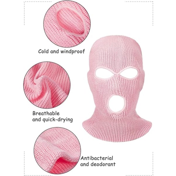 3-pack Full Face Sport Balaclavas med 3 hål Vinter Utomhus Stickad Ansiktsmask Ski Balaclava (Vit, Rosa, Himmelblå, Vuxen)